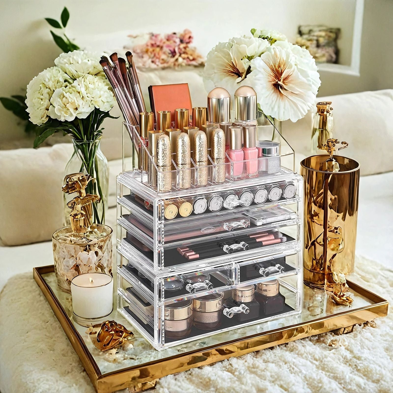 Large Acrylic Makeup Organizer – Clear – Stackable with 6 Drawers for Cosmetics and Makeup Tools