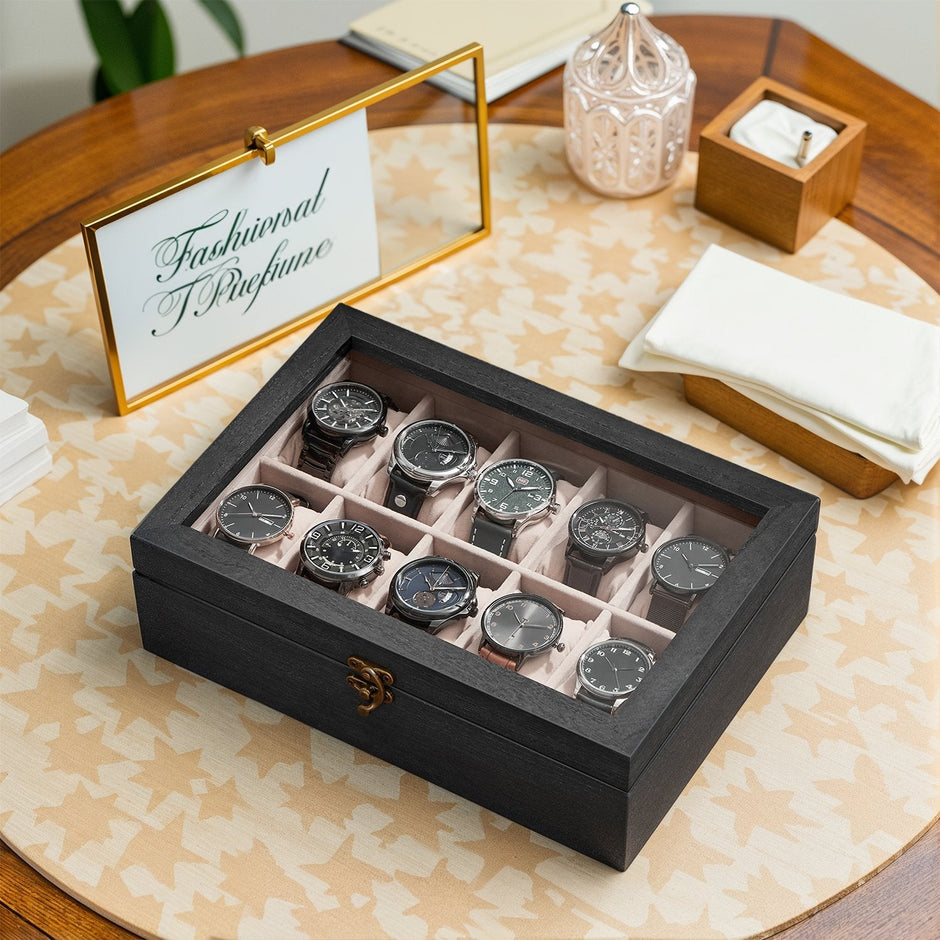 Watch Box – Solid Wood – Rustic Walnut – 10-Slot Organiser with Glass Lid
