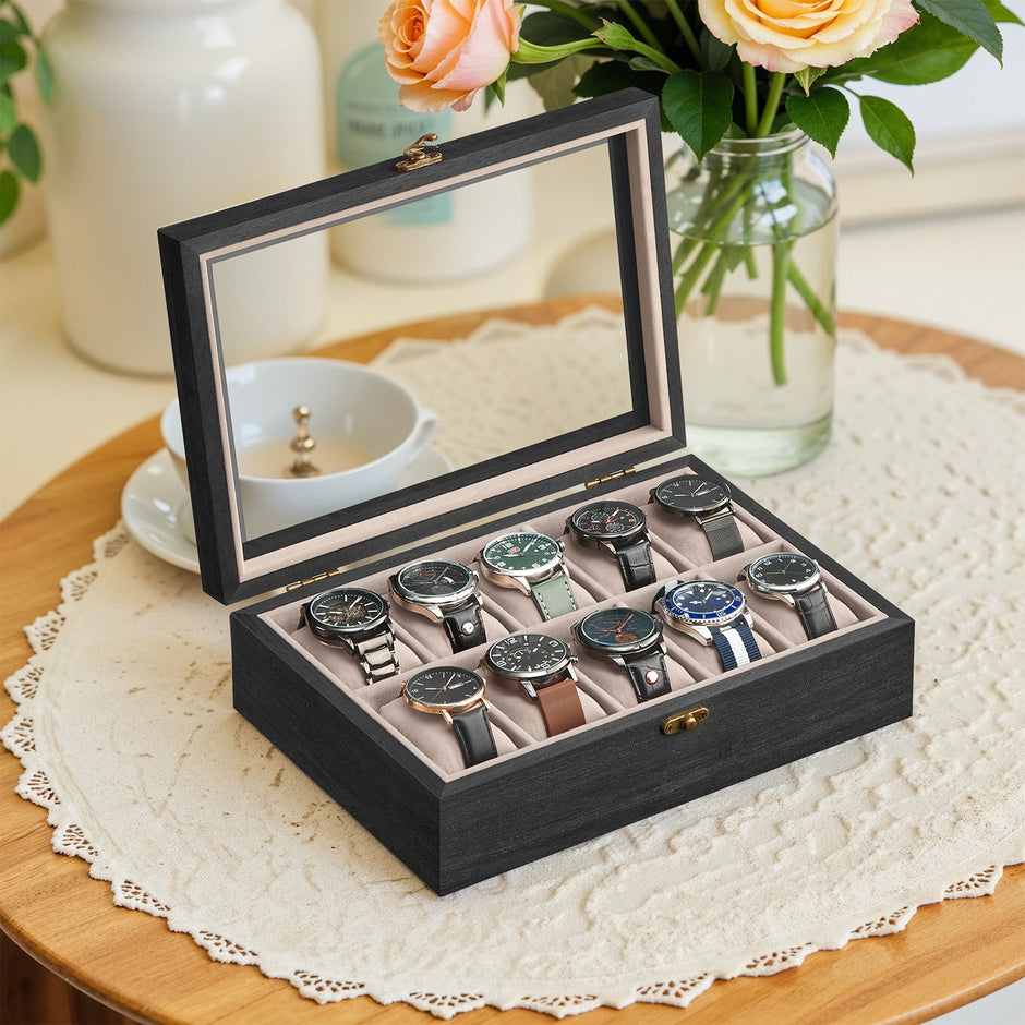 Watch Box – Solid Wood – Rustic Walnut – 10-Slot Organiser with Glass Lid