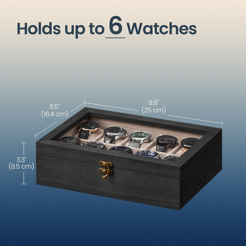 Watch Box – Solid Wood – Rustic Walnut – 10-Slot Organiser with Glass Lid
