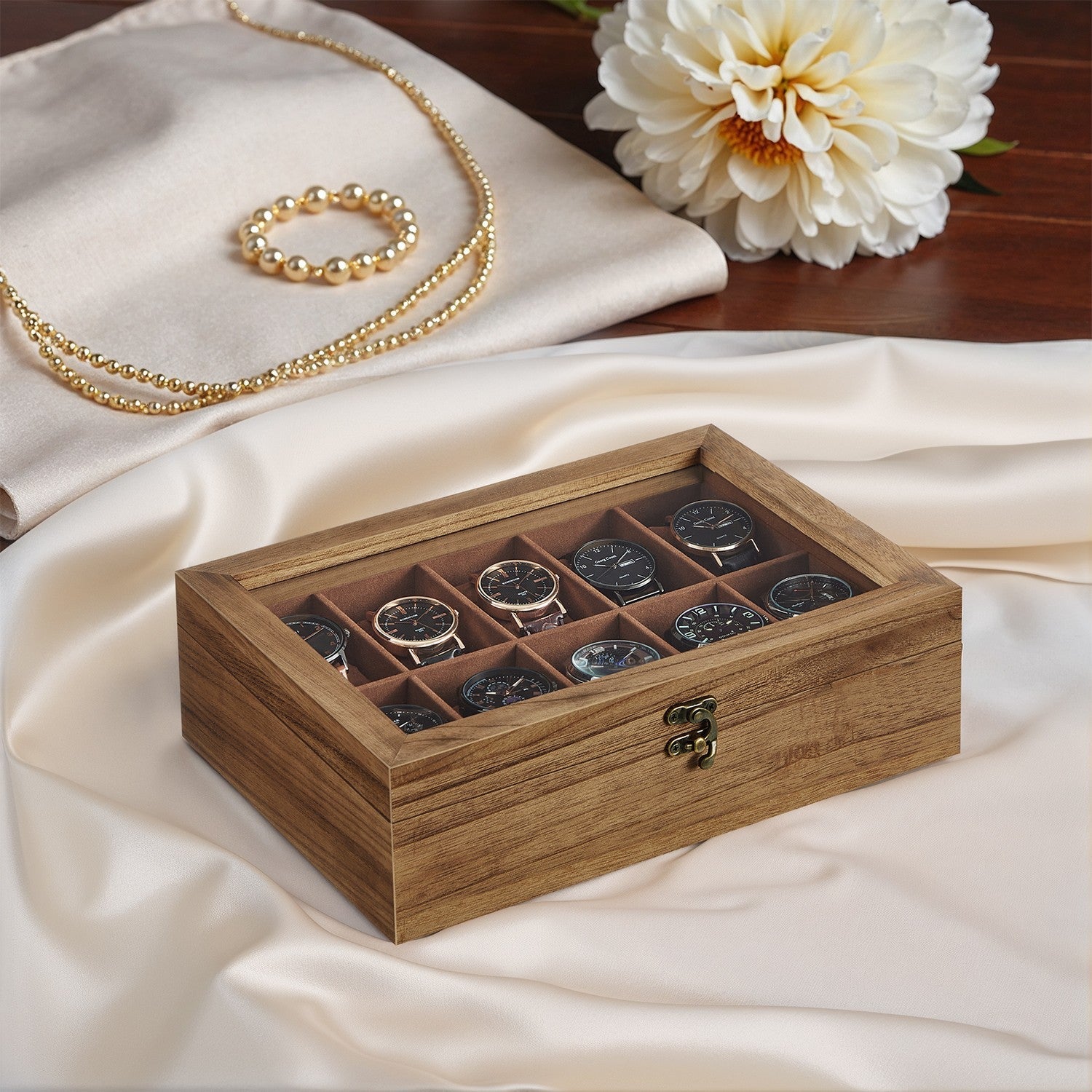 Watch Box – Solid Wood – Rustic Walnut – 10-Slot Organiser with Glass Lid
