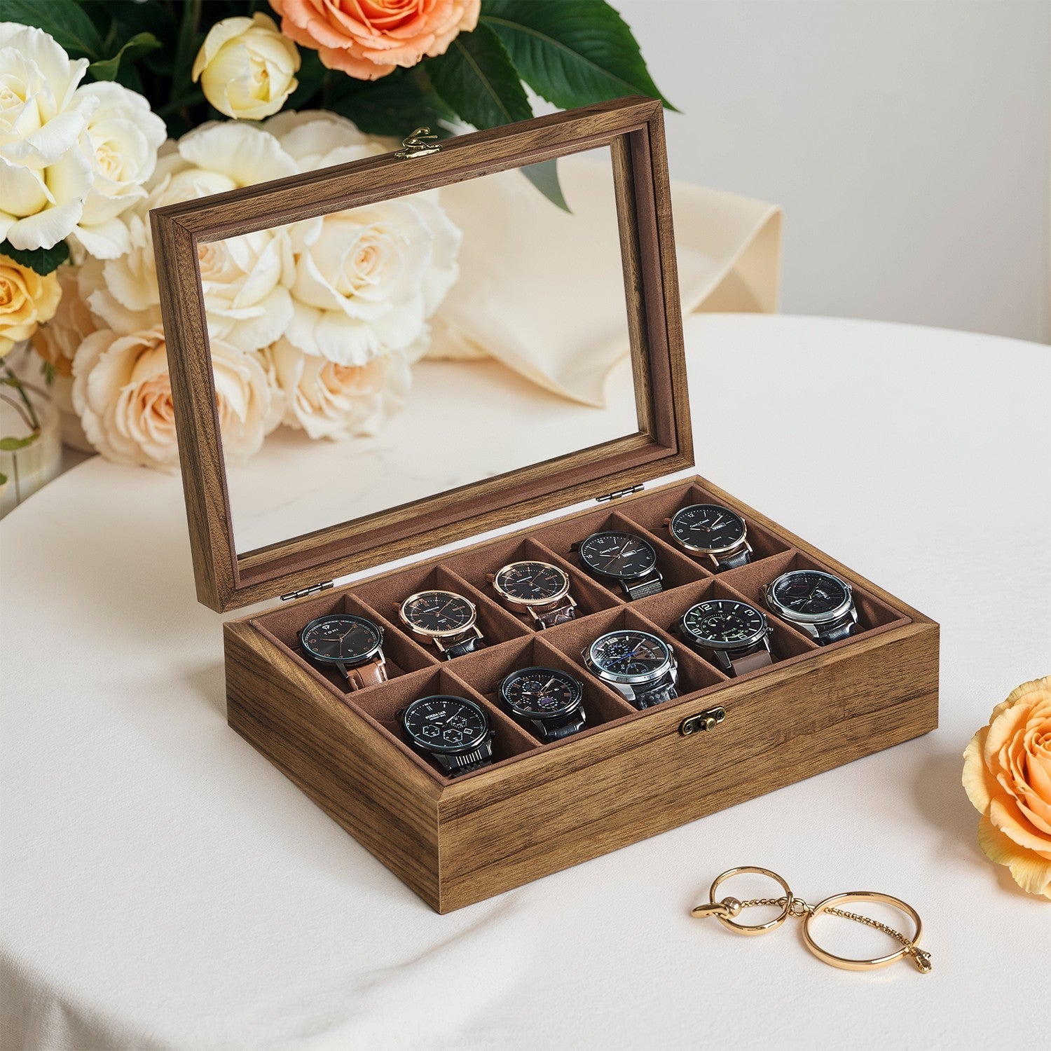 Watch Box – Solid Wood – Rustic Walnut – 10-Slot Organiser with Glass Lid