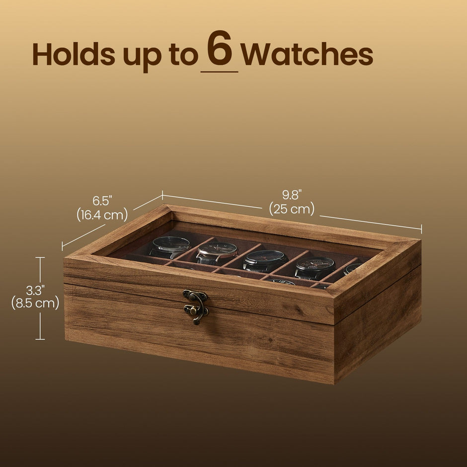 Watch Box – Solid Wood – Rustic Walnut – 10-Slot Organiser with Glass Lid
