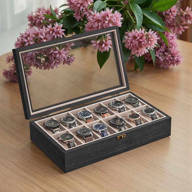 Watch Box – Solid Wood – Rustic Walnut – 12 Slots with Glass Lid