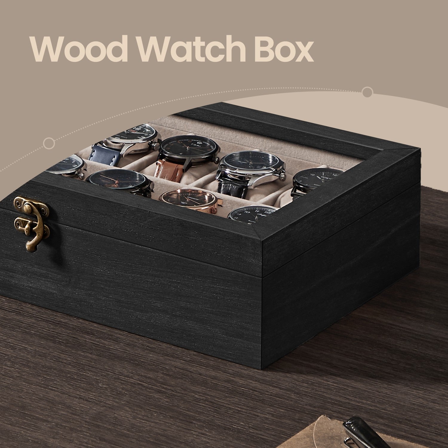 Watch Box – Solid Wood – Rustic Walnut – 12 Slots with Glass Lid