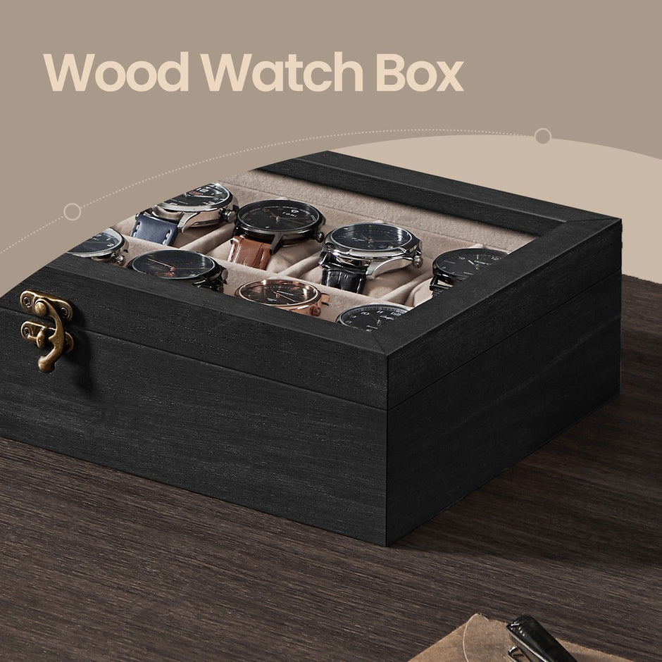 Watch Box – Solid Wood – Rustic Walnut – 12 Slots with Glass Lid