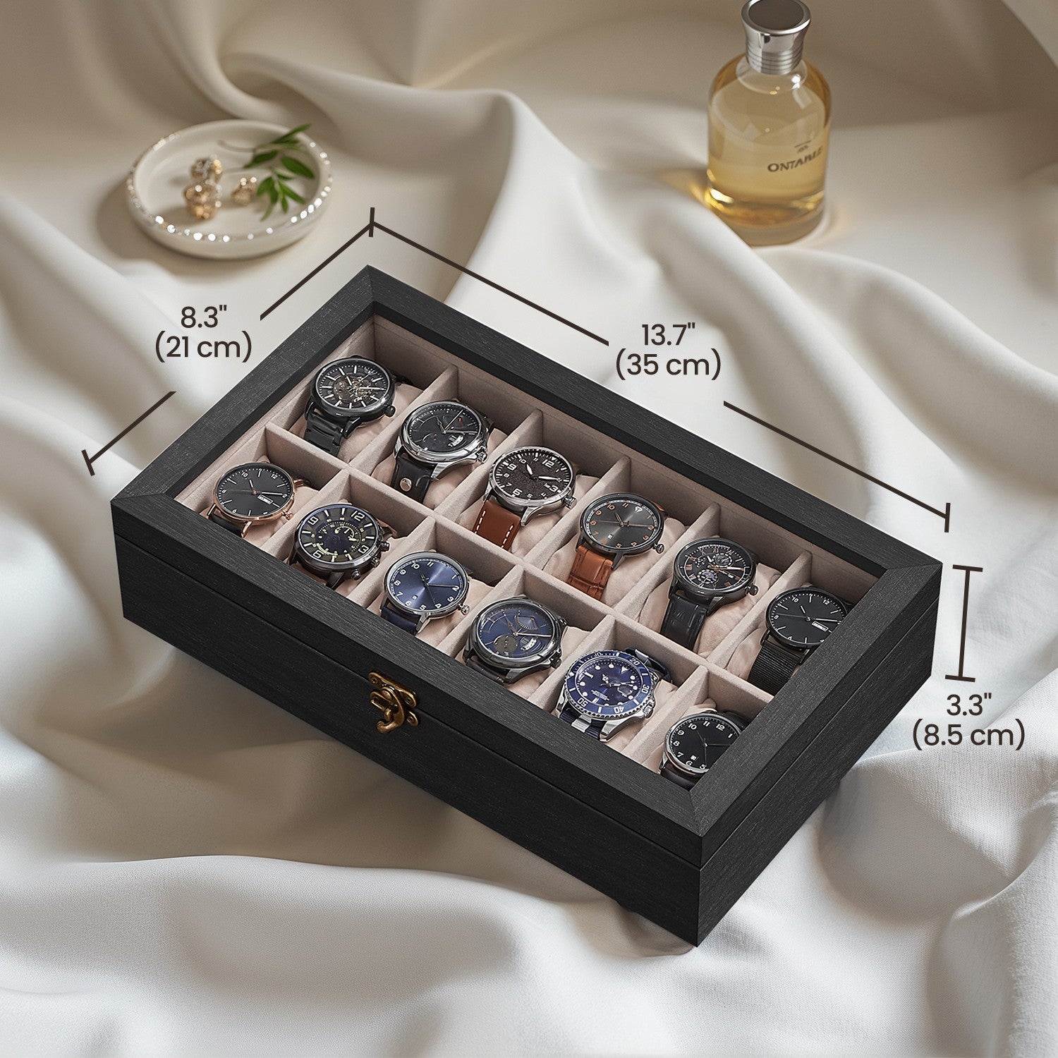 Watch Box – Solid Wood – Rustic Walnut – 12 Slots with Glass Lid