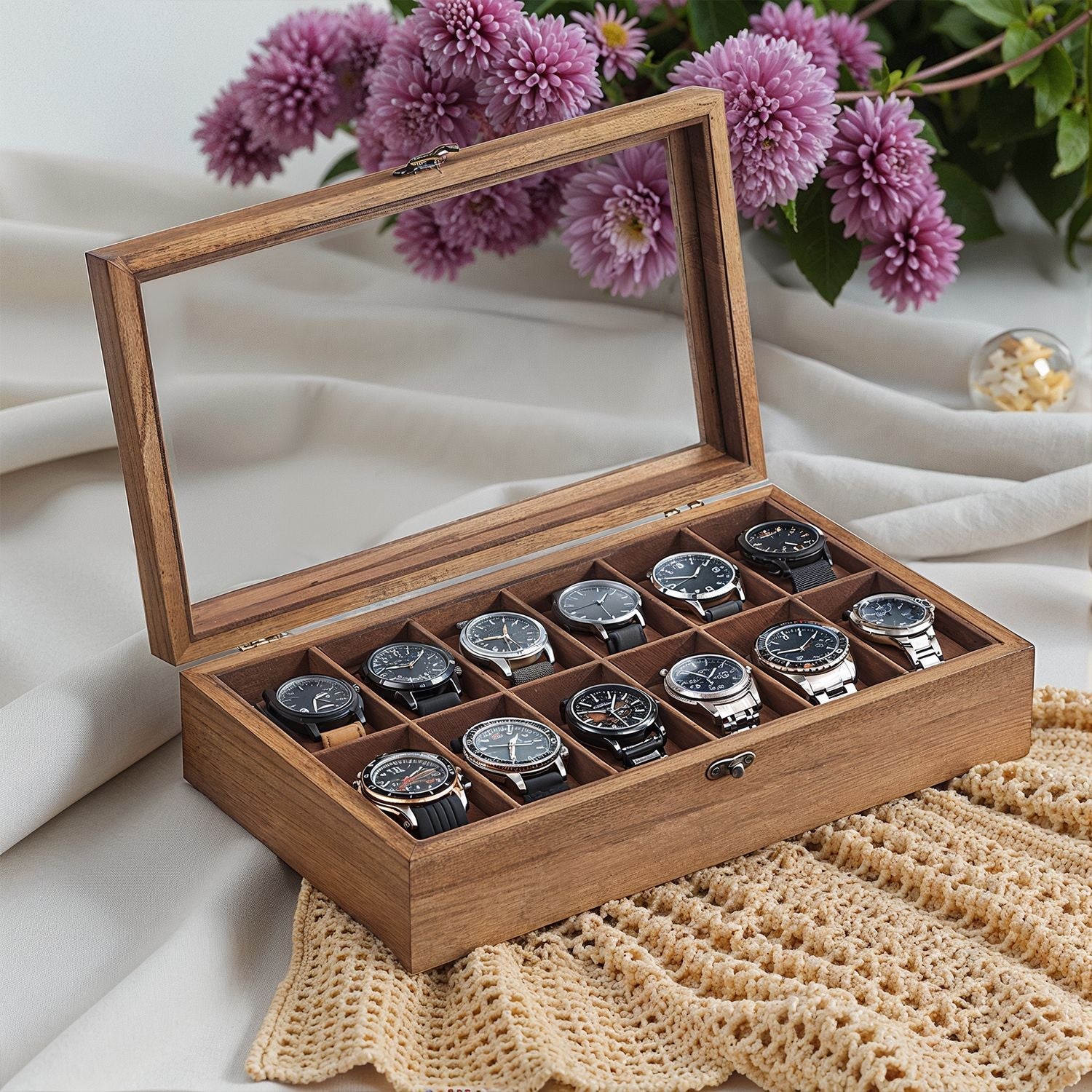 Watch Box – Solid Wood – Walnut – 12-Slot Organizer with Glass Lid