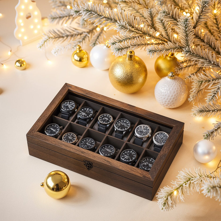 Watch Box – Solid Wood – Walnut – 12-Slot Organizer with Glass Lid