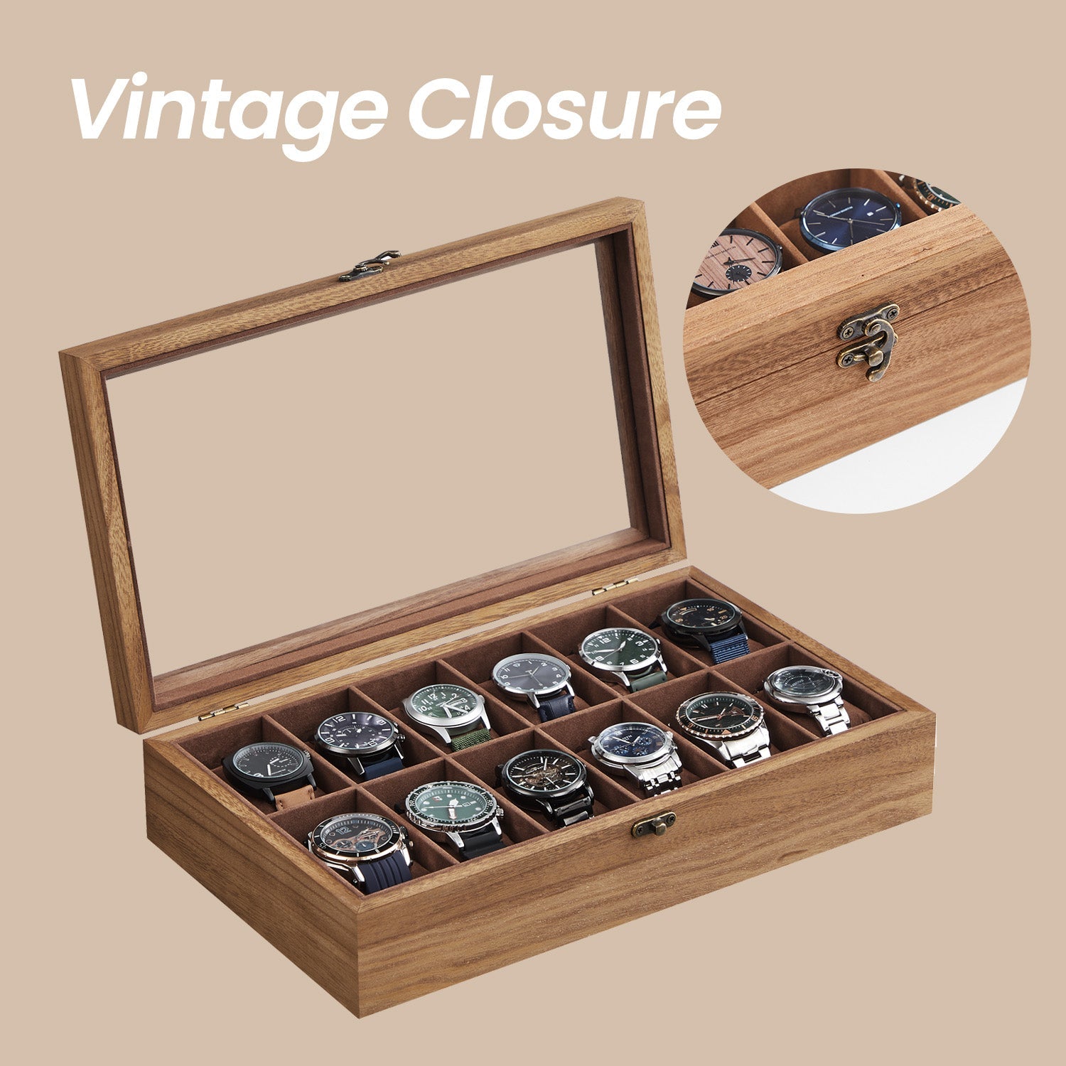 Watch Box – Solid Wood – Walnut – 12-Slot Organizer with Glass Lid