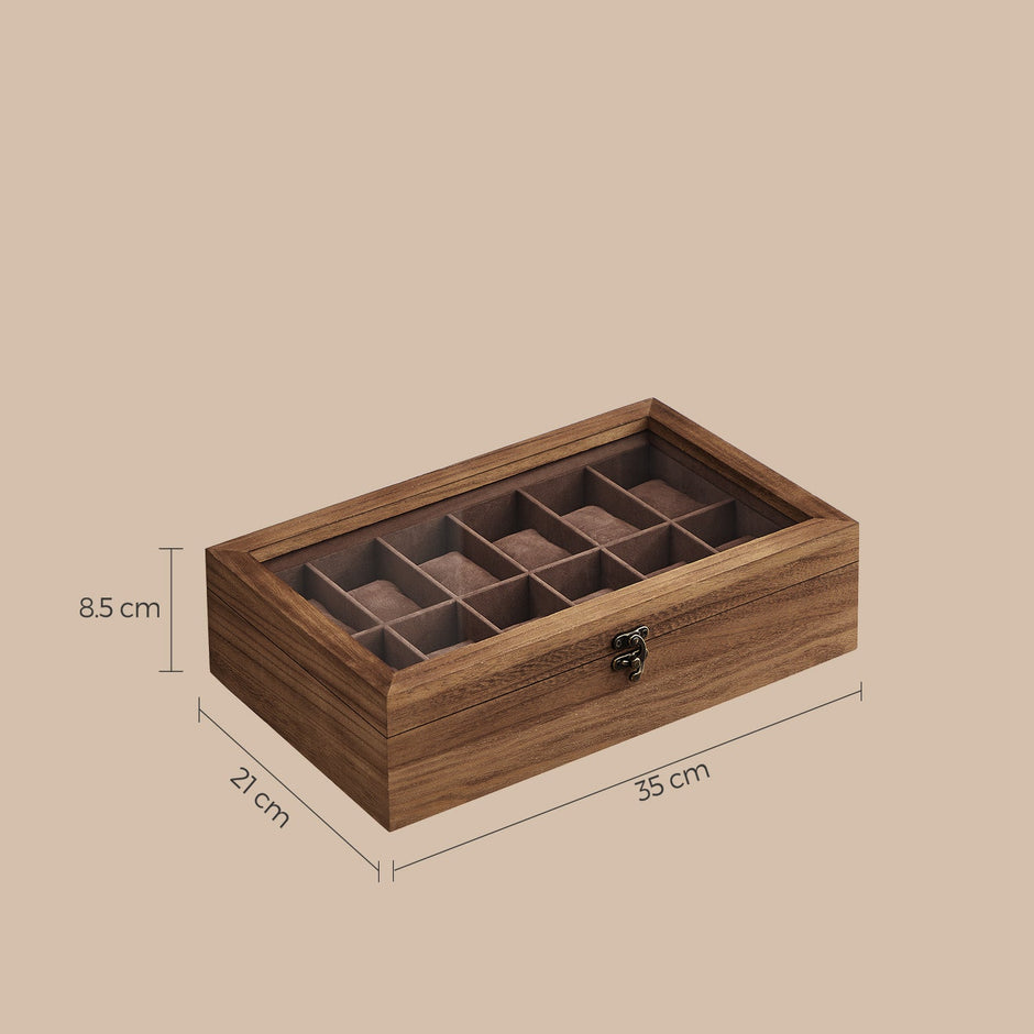Watch Box – Solid Wood – Walnut – 12-Slot Organizer with Glass Lid