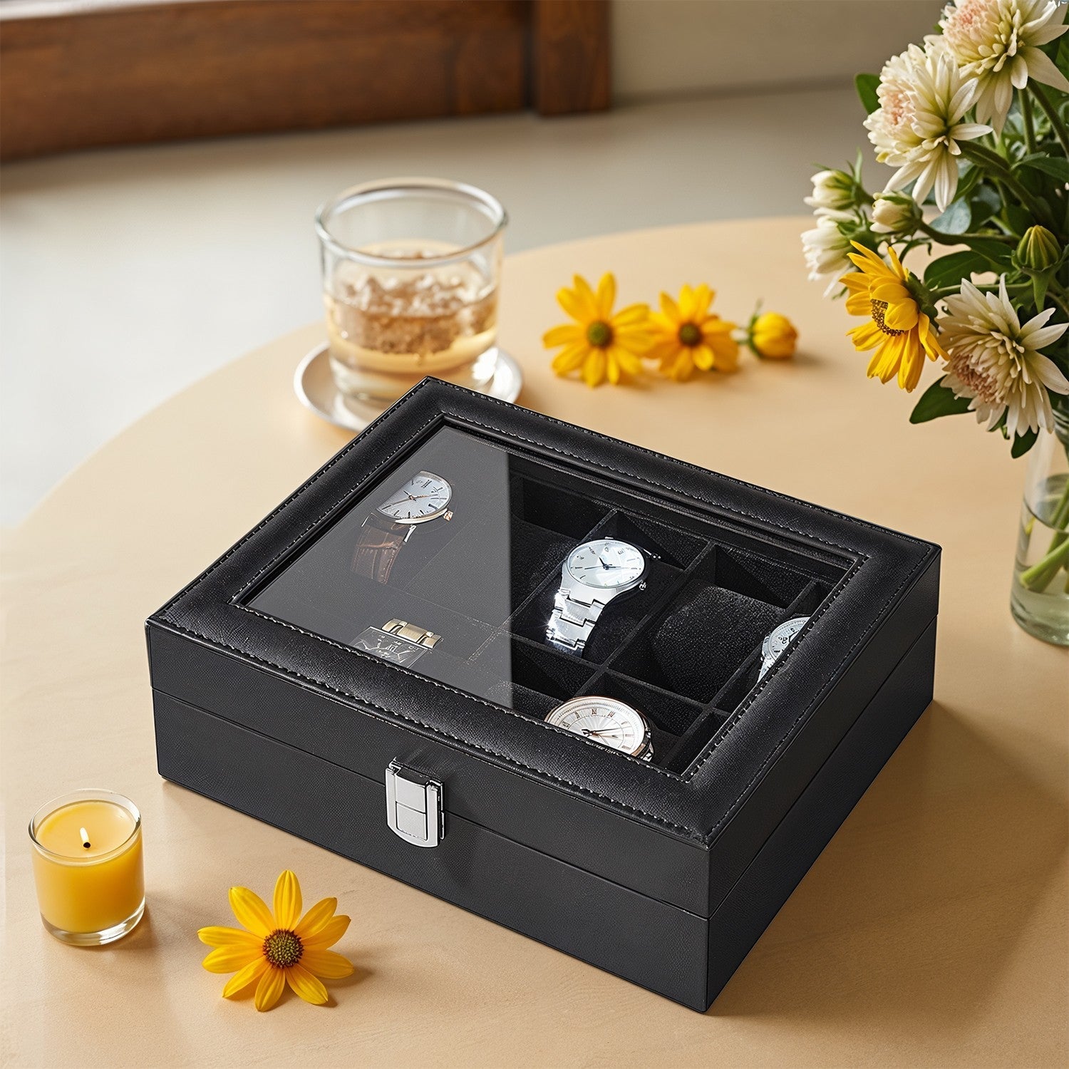 Watch Box Organizer – MDF and Glass – Black – 10-Slot with Removable Pillows and Lockable Design