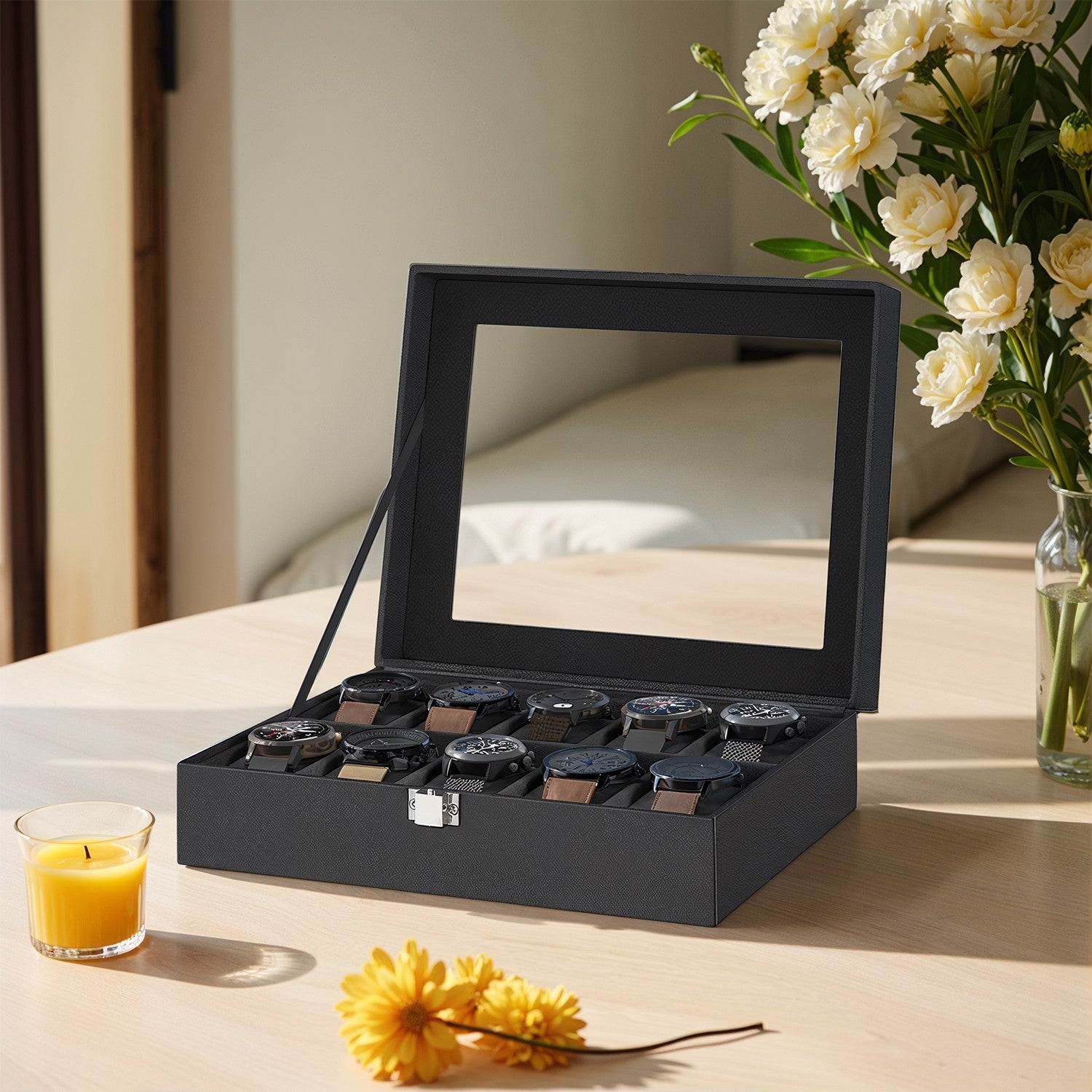 Watch Box Organizer – MDF and Glass – Black – 10-Slot with Removable Pillows and Lockable Design