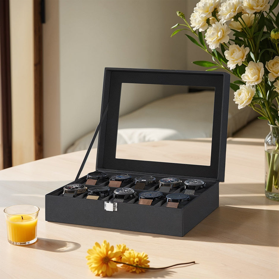 Watch Box Organizer – MDF and Glass – Black – 10-Slot with Removable Pillows and Lockable Design