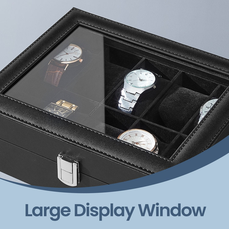Watch Box Organizer – MDF and Glass – Black – 10-Slot with Removable Pillows and Lockable Design