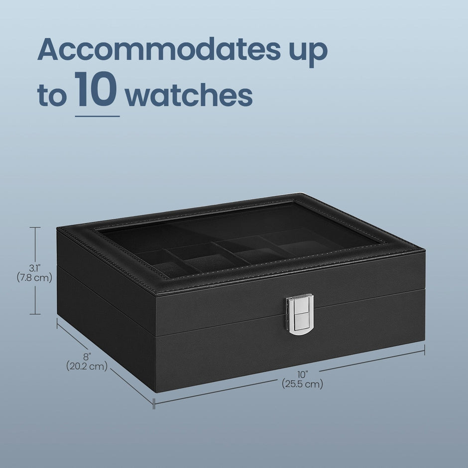 Watch Box Organizer – MDF and Glass – Black – 10-Slot with Removable Pillows and Lockable Design