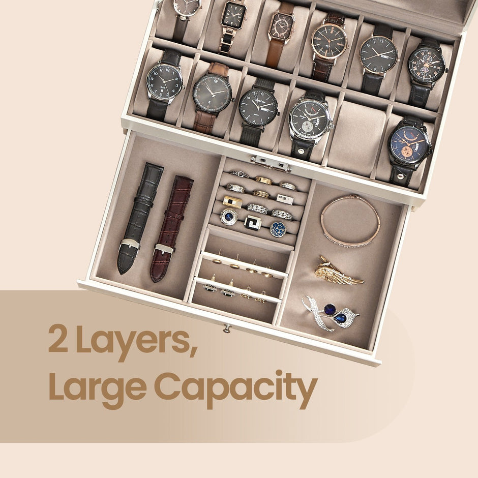 Watch Box – Synthetic Leather – Brown/Black/Wine Red – 12 Slots with Glass Lid and Drawer