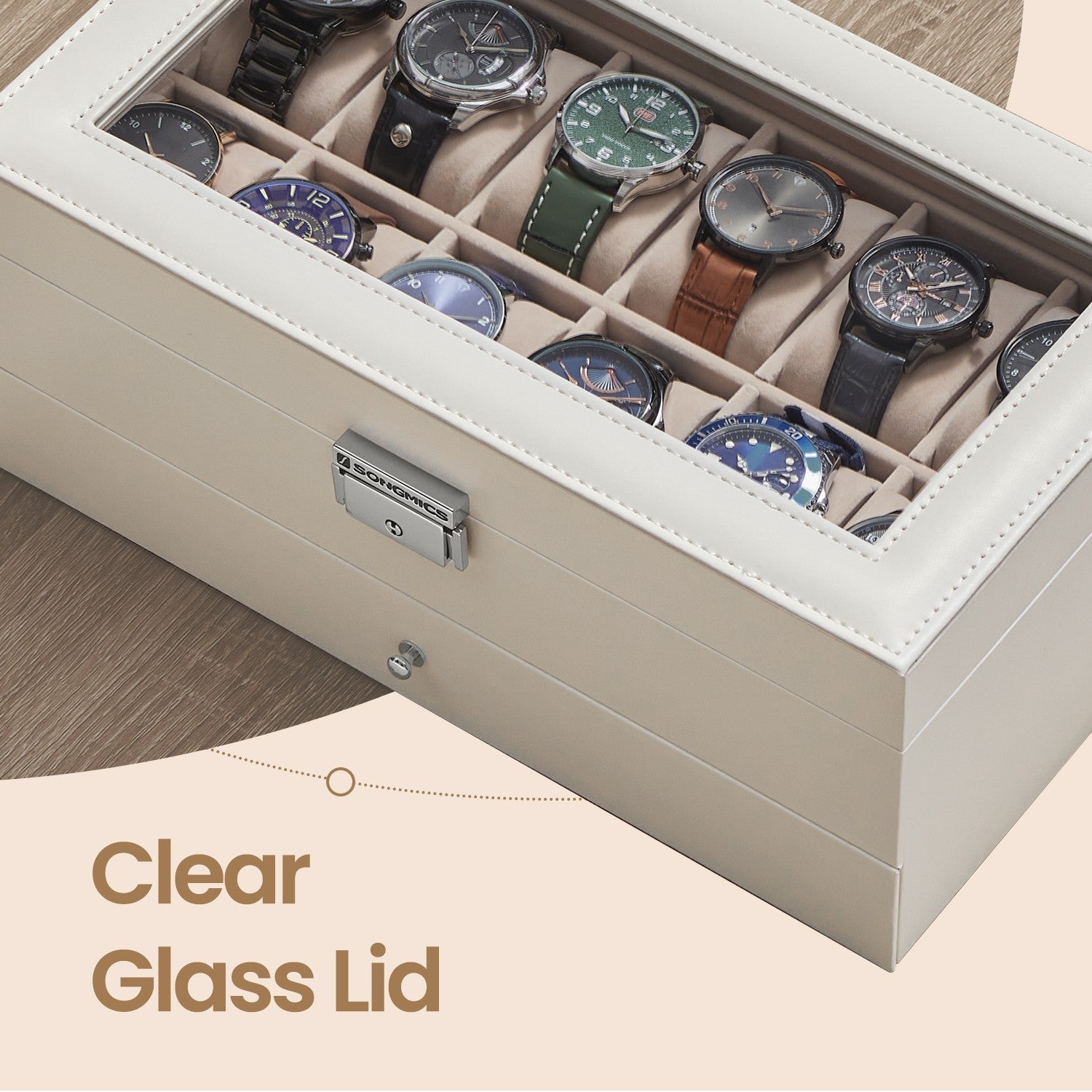 Watch Box – Synthetic Leather – Brown/Black/Wine Red – 12 Slots with Glass Lid and Drawer