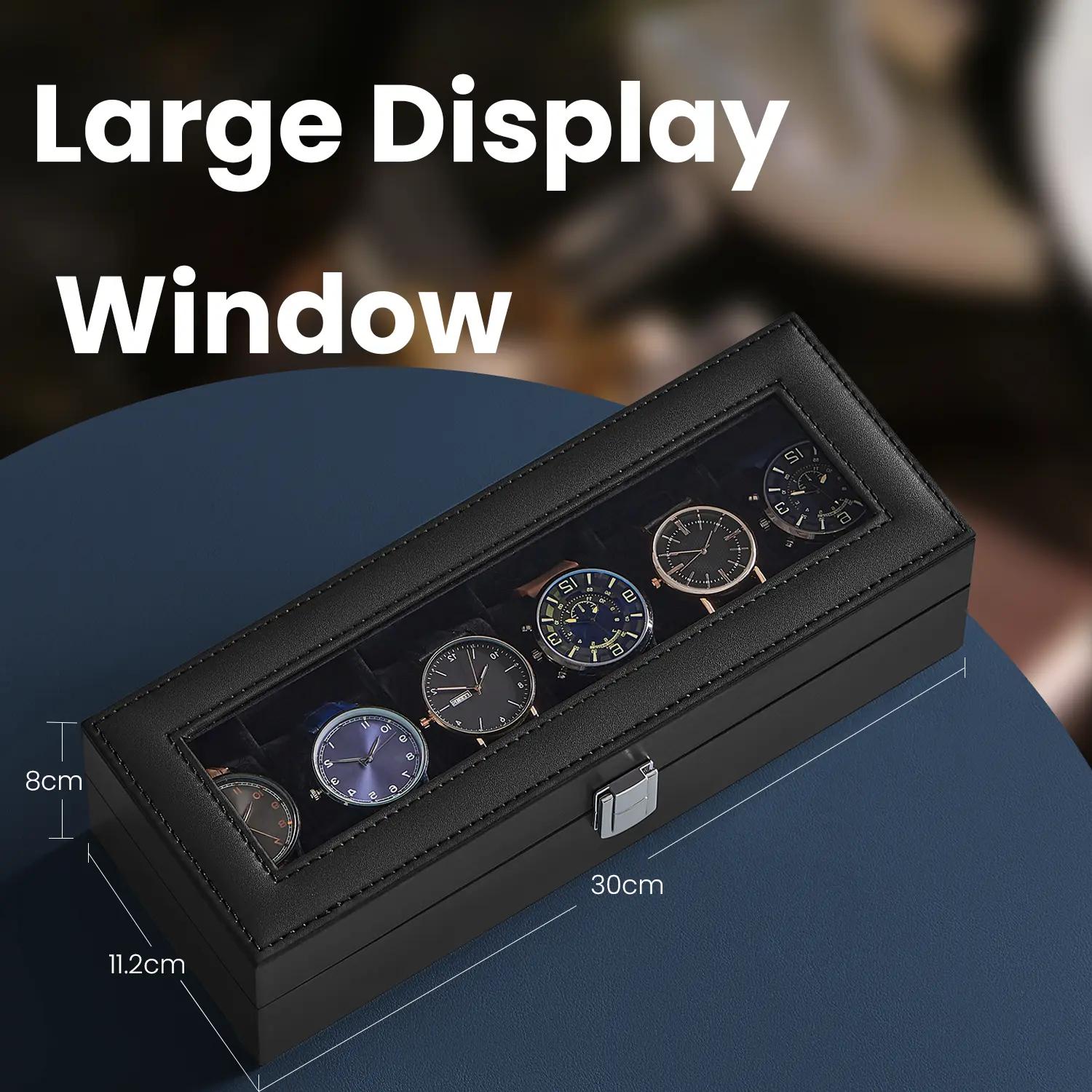 Watch Box Organizer – Synthetic Leather – Black – Large Glass Lid with Removable Pillows