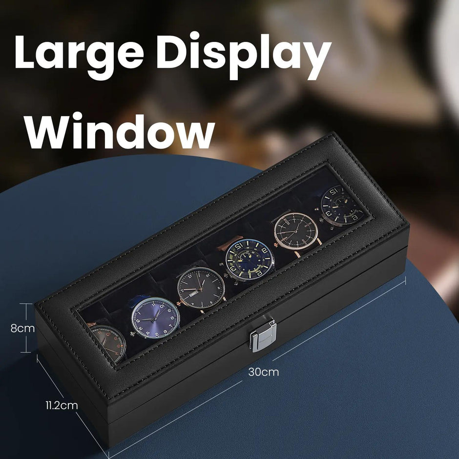 Watch Box Organizer – Synthetic Leather – Black – Large Glass Lid with Removable Pillows