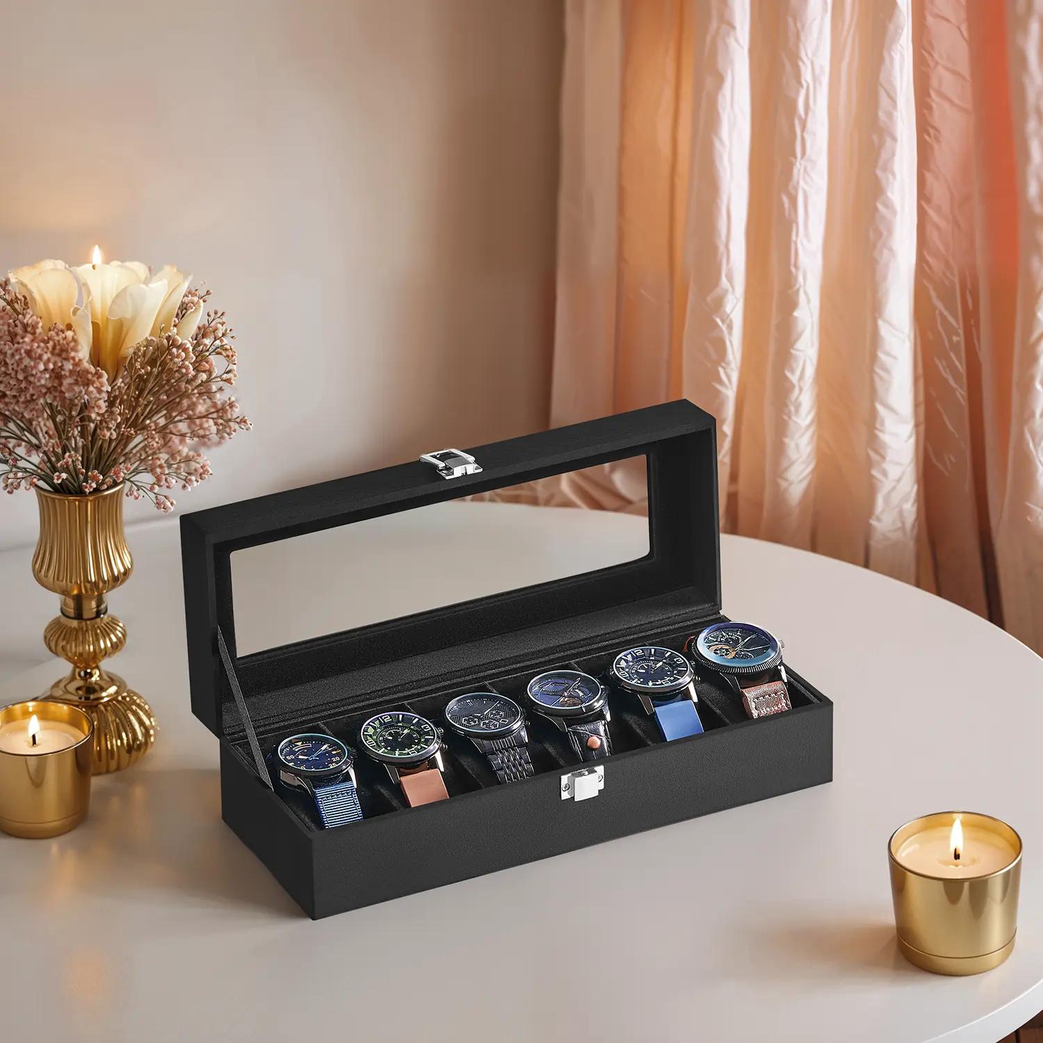 Watch Box Organizer – Synthetic Leather – Black – Large Glass Lid with Removable Pillows