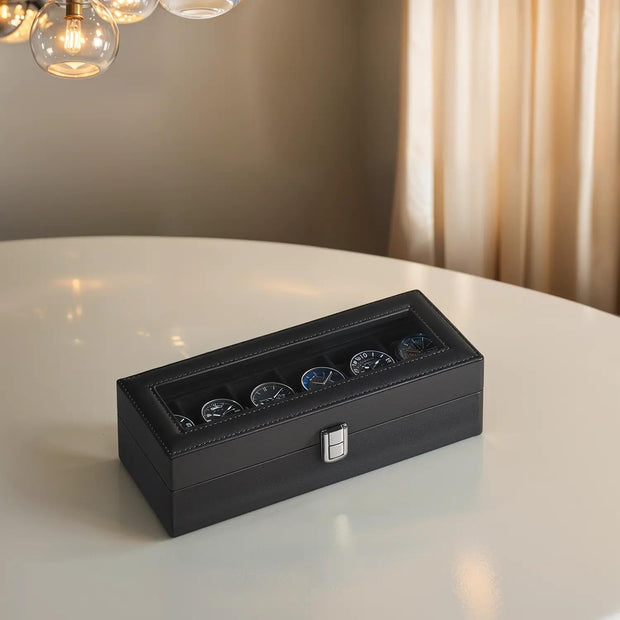 Watch Box Organizer – Synthetic Leather – Black – Large Glass Lid with Removable Pillows