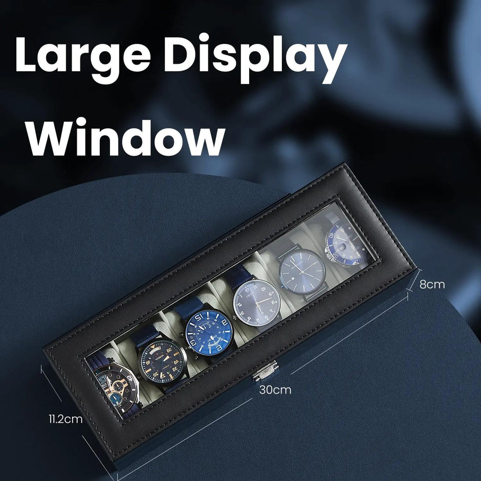 Watch Organizer Case – Synthetic Leather – Black and Grey – 6-Slot with Glass Lid and Removable Pillows