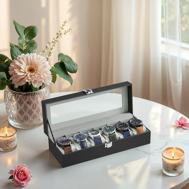 Watch Organizer Case – Synthetic Leather – Black and Grey – 6-Slot with Glass Lid and Removable Pillows