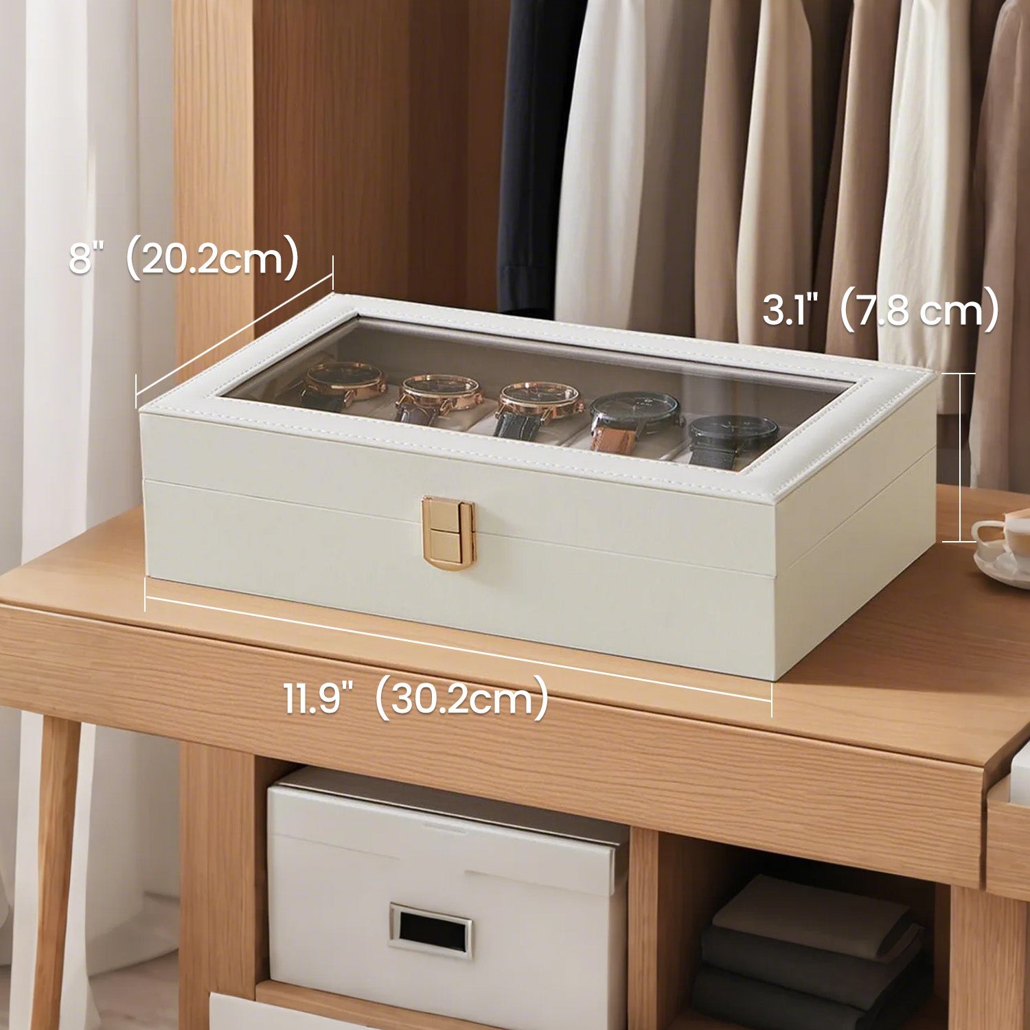 12-Slot Watch Box Organizer – Synthetic Leather – Black with Greenish Grey Lining – Large Glass Lid and Removable Watch Pillows