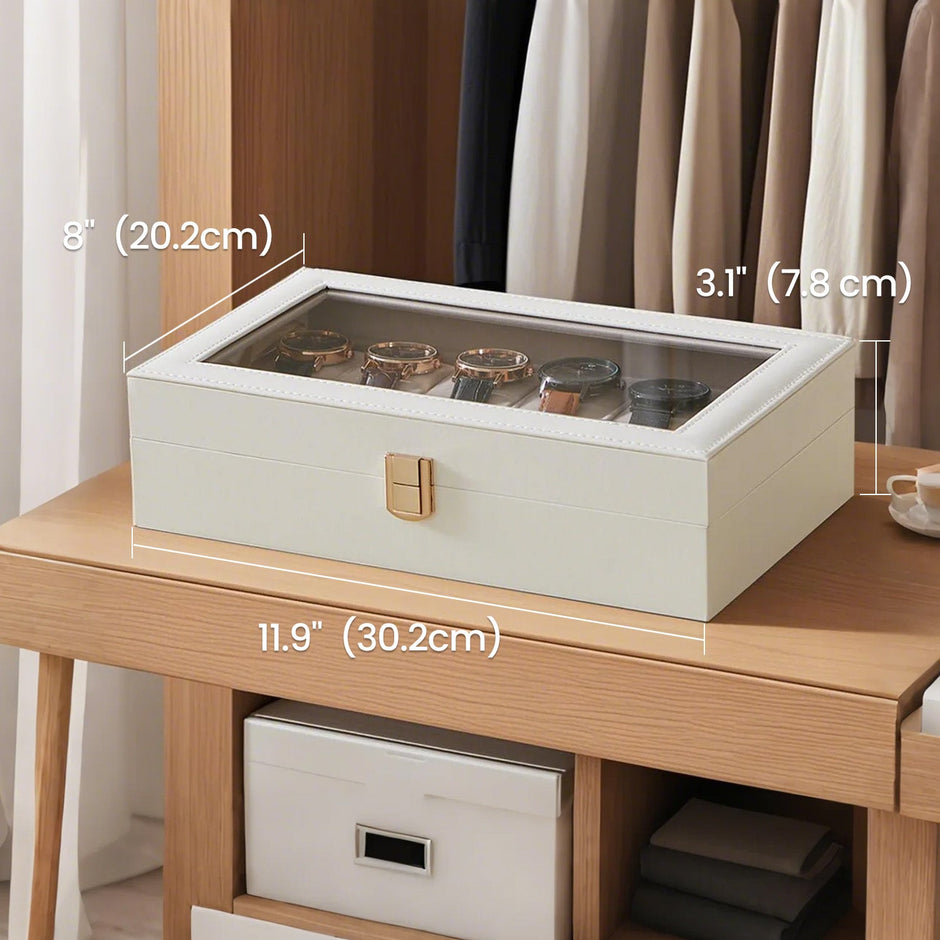 12-Slot Watch Box Organizer – Synthetic Leather – Black with Greenish Grey Lining – Large Glass Lid and Removable Watch Pillows