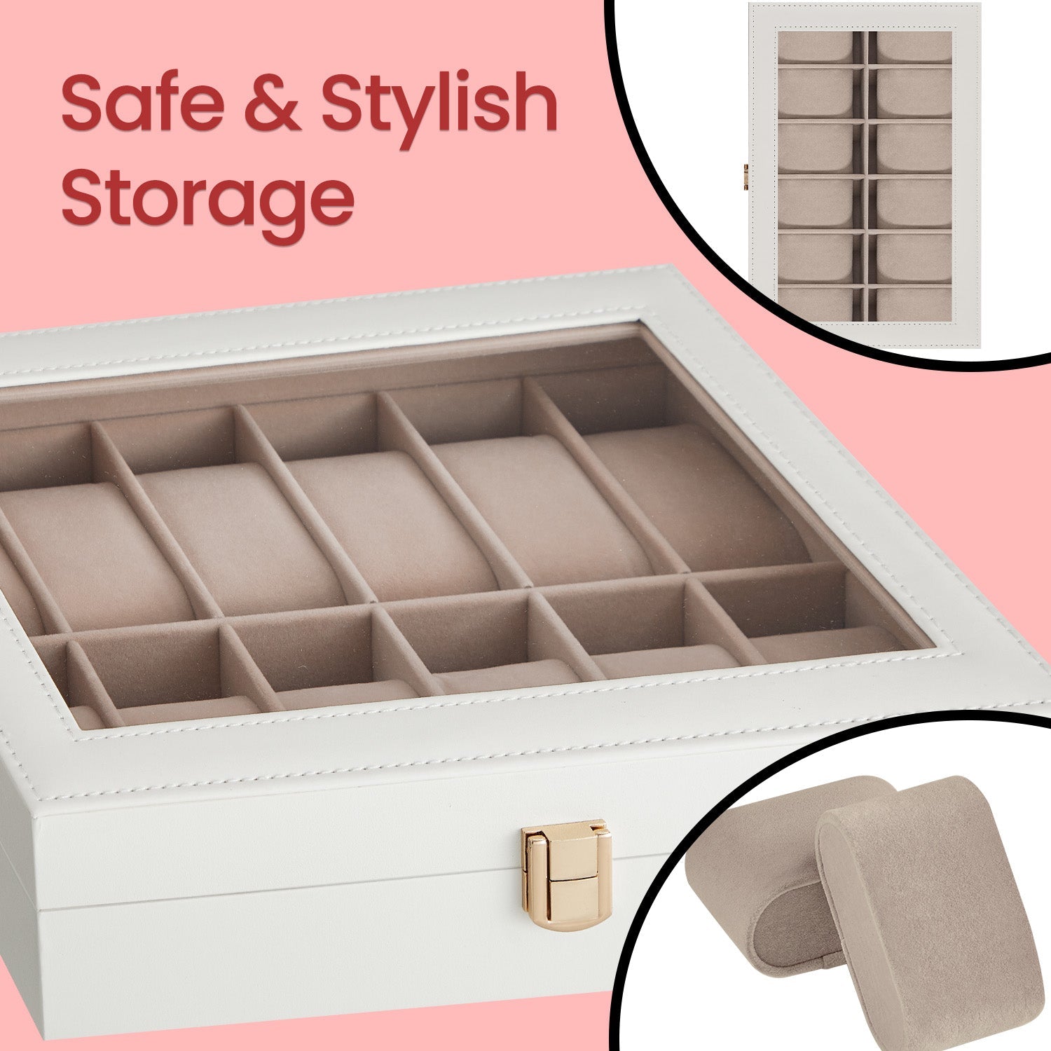 12-Slot Watch Box Organizer – Synthetic Leather – Black with Greenish Grey Lining – Large Glass Lid and Removable Watch Pillows