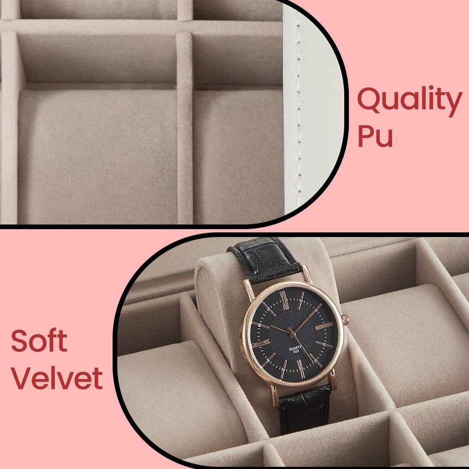 12-Slot Watch Box Organizer – Synthetic Leather – Black with Greenish Grey Lining – Large Glass Lid and Removable Watch Pillows