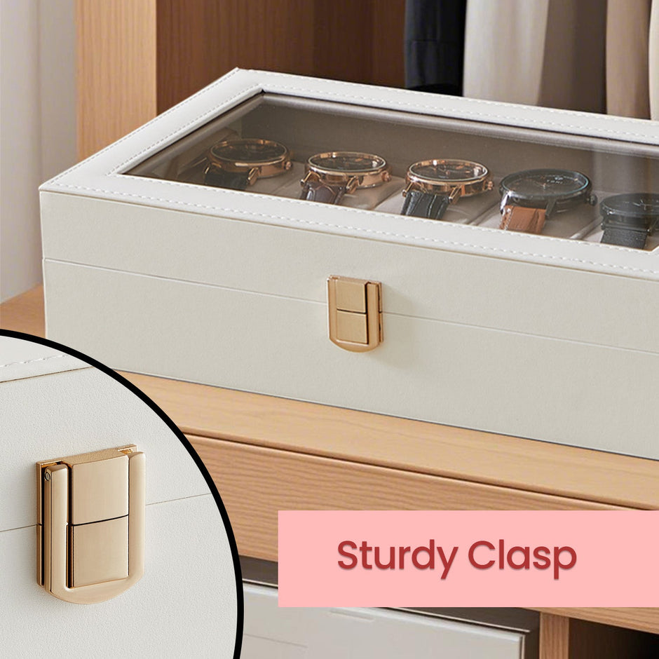 12-Slot Watch Box Organizer – Synthetic Leather – Black with Greenish Grey Lining – Large Glass Lid and Removable Watch Pillows