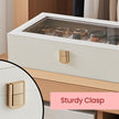 12-Slot Watch Box Organizer – Synthetic Leather – Black with Greenish Grey Lining – Large Glass Lid and Removable Watch Pillows