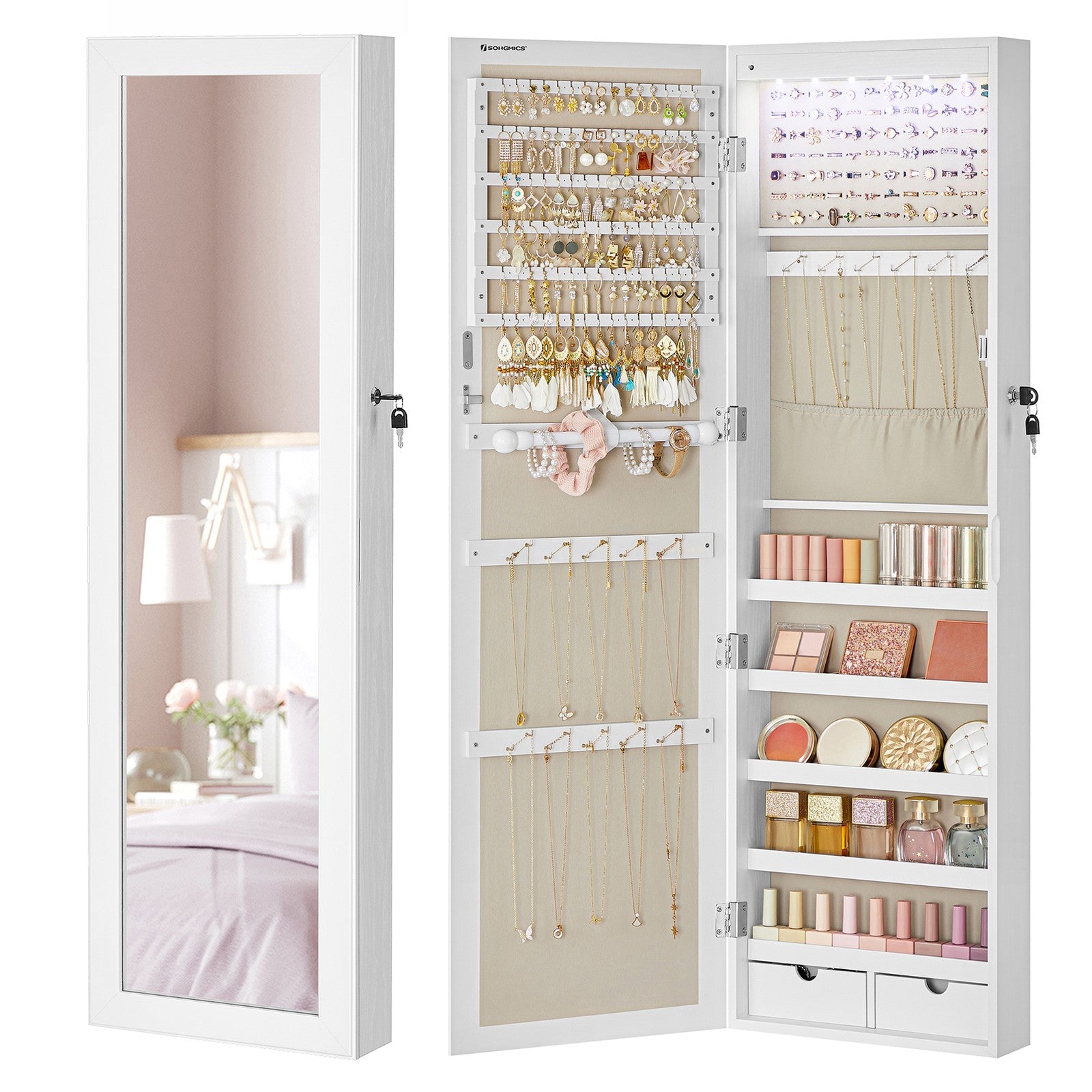 Jewellery Cabinet – Wood – White – Lockable with Mirror and Multiple Compartments