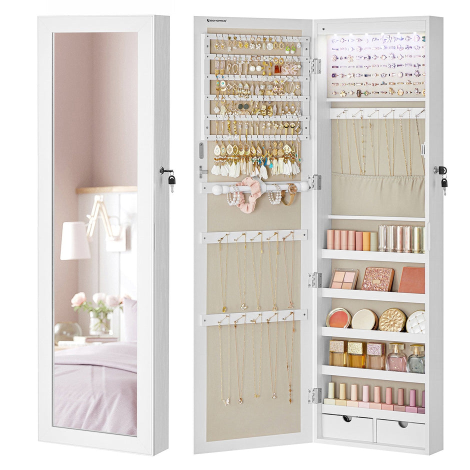 Jewellery Cabinet – Wood – White – Lockable with Mirror and Multiple Compartments