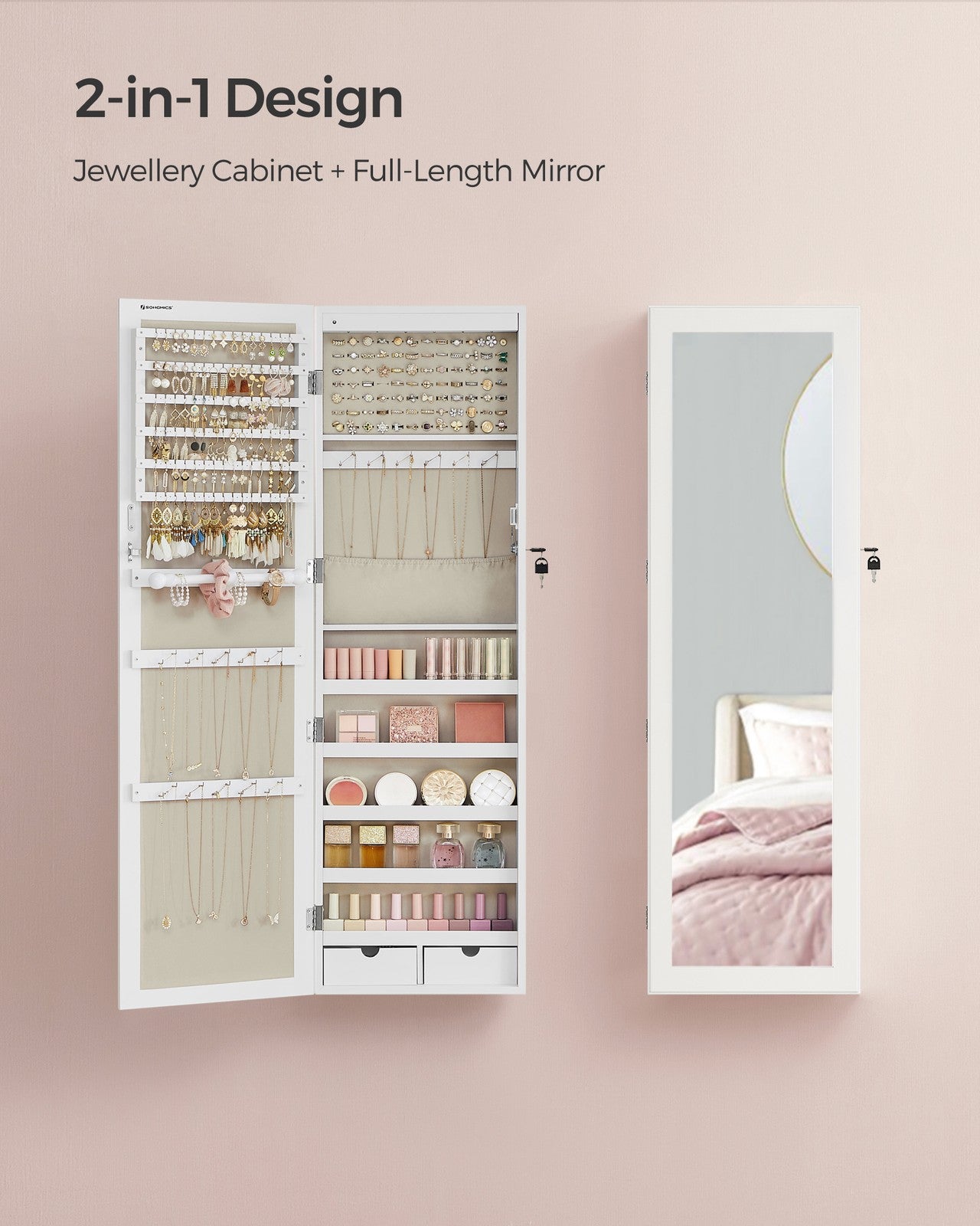 Jewellery Cabinet – Wood – White – Lockable with Mirror and Multiple Compartments