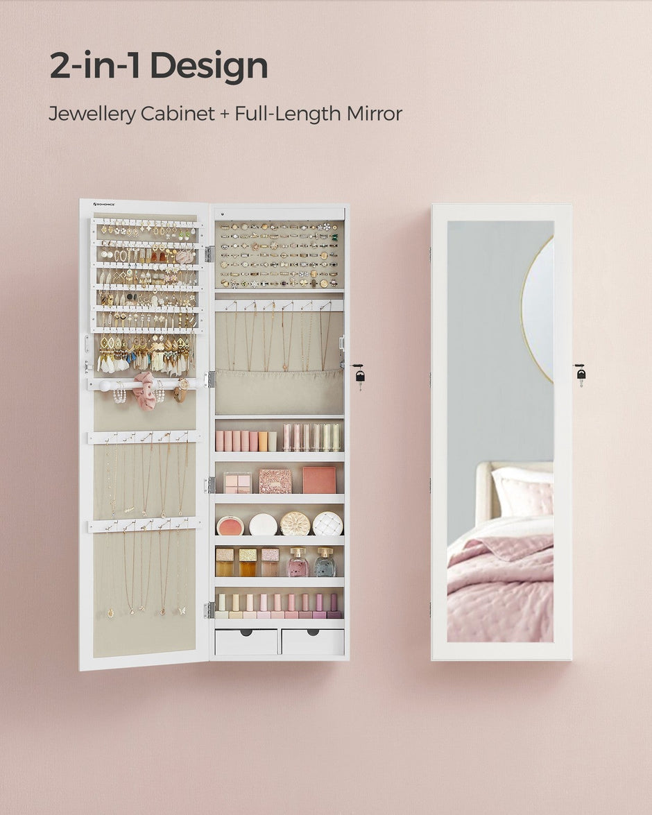 Jewellery Cabinet – Wood – White – Lockable with Mirror and Multiple Compartments