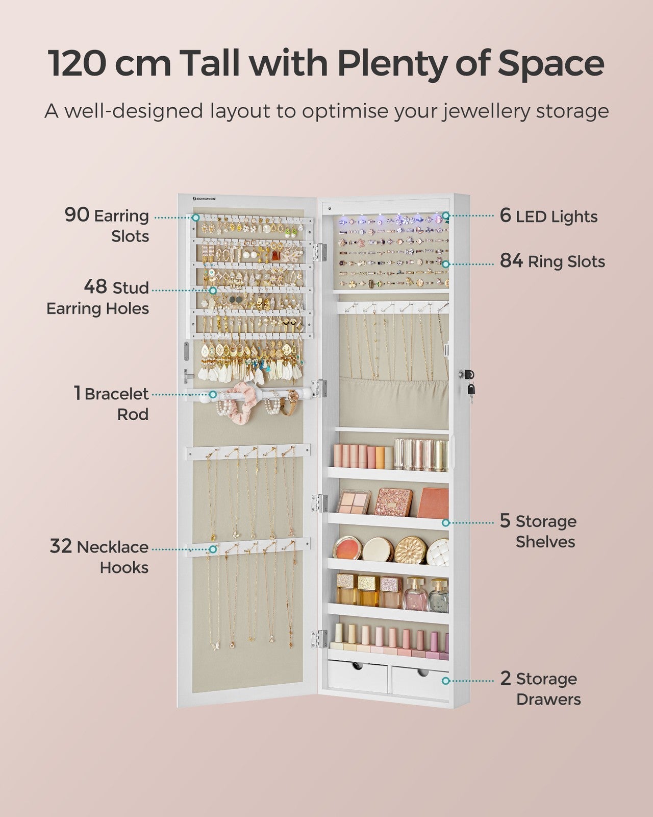 Jewellery Cabinet – Wood – White – Lockable with Mirror and Multiple Compartments