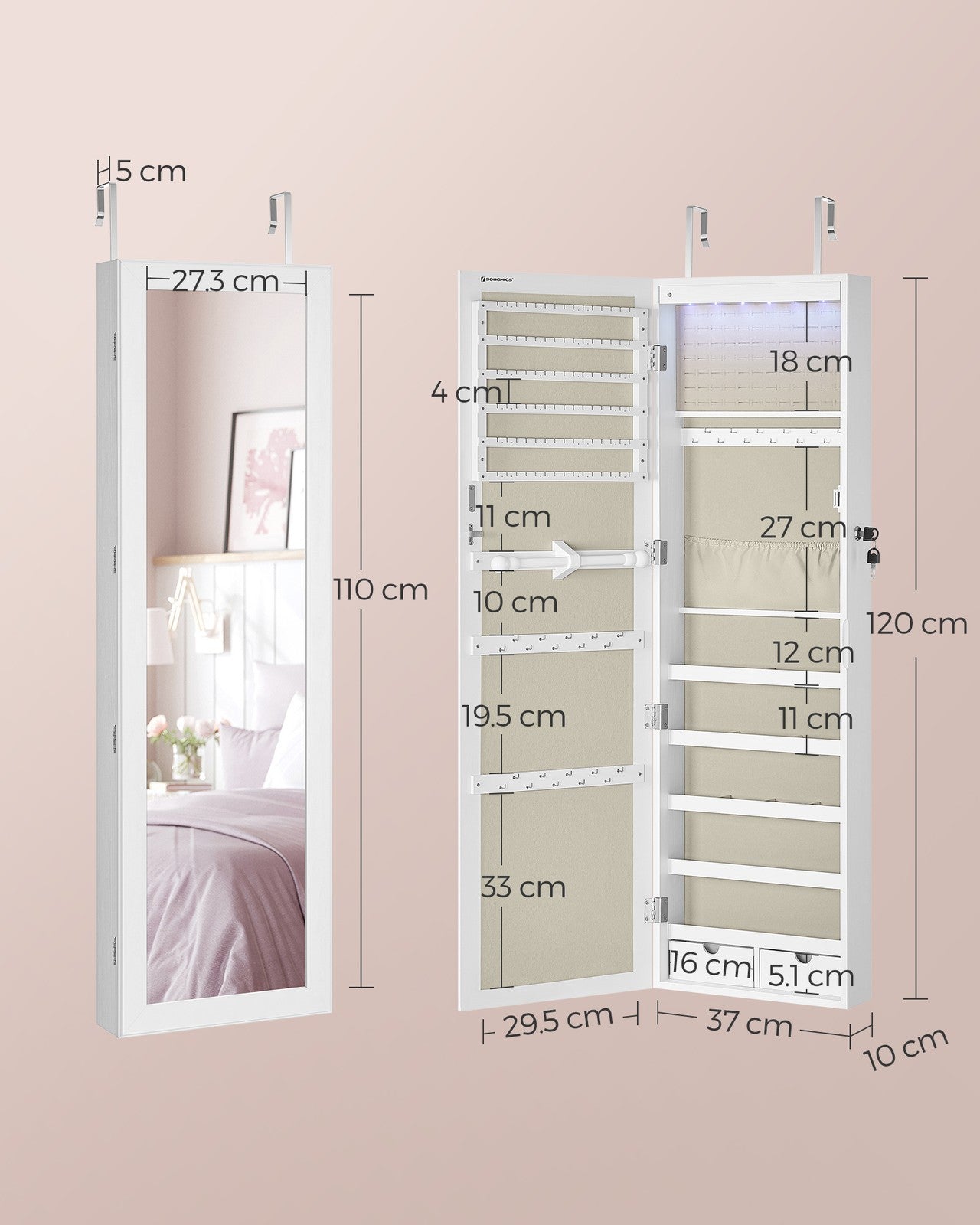 Jewellery Cabinet – Wood – White – Lockable with Mirror and Multiple Compartments