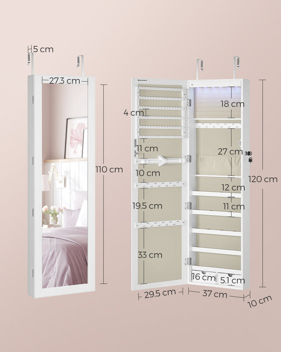 Jewellery Cabinet – Wood – White – Lockable with Mirror and Multiple Compartments