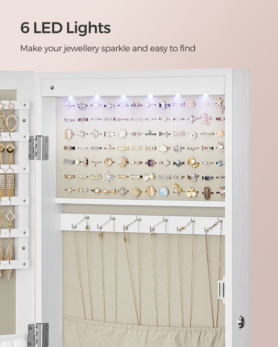 Jewellery Cabinet – Wood – White – Lockable with Mirror and Multiple Compartments