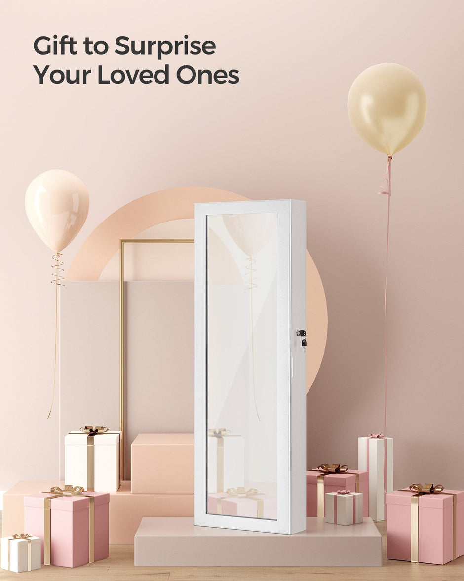 Jewellery Cabinet – Wood – White – Lockable with Mirror and Multiple Compartments