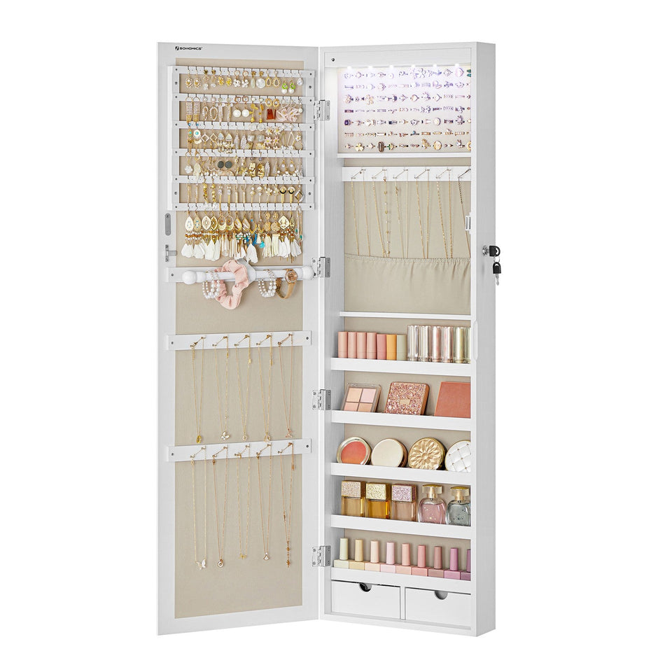 Jewellery Cabinet – Wood – White – Lockable with Mirror and Multiple Compartments