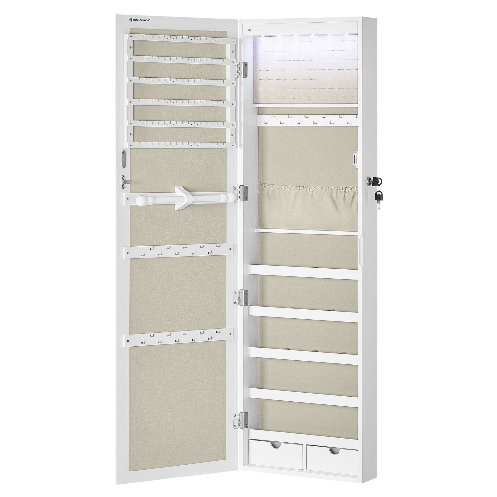 Jewellery Cabinet – Wood – White – Lockable with Mirror and Multiple Compartments