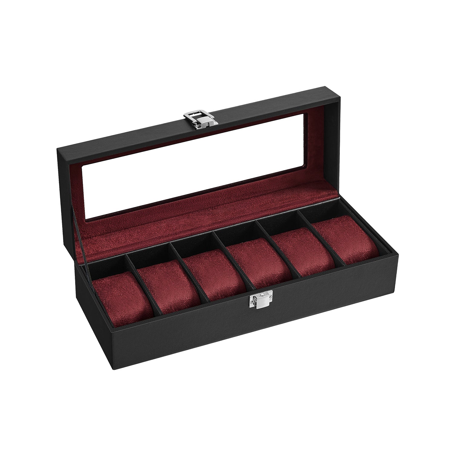 Watch Box – Glass and Velvet – Black – 6 Slots with Lock and Cushions