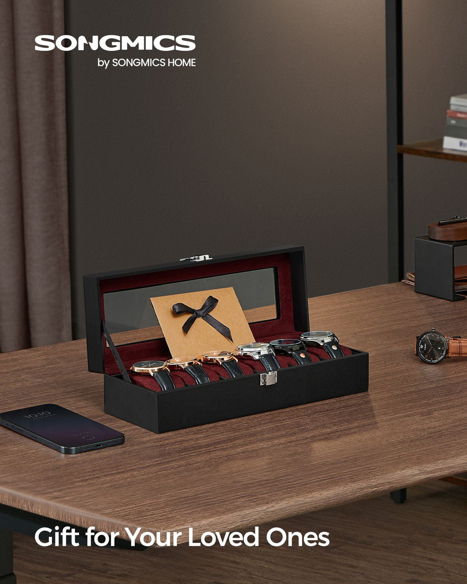 Watch Box – Glass and Velvet – Black – 6 Slots with Lock and Cushions