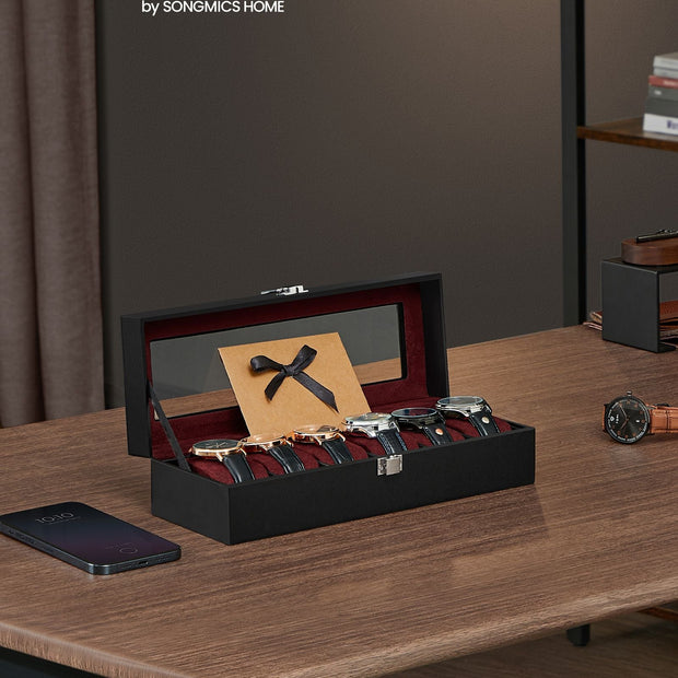 Watch Box – Glass and Velvet – Black – 6 Slots with Lock and Cushions
