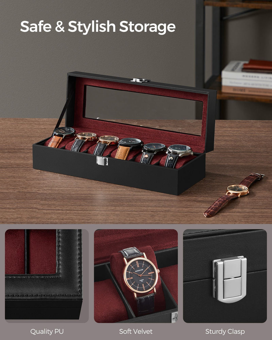 Watch Box – Glass and Velvet – Black – 6 Slots with Lock and Cushions