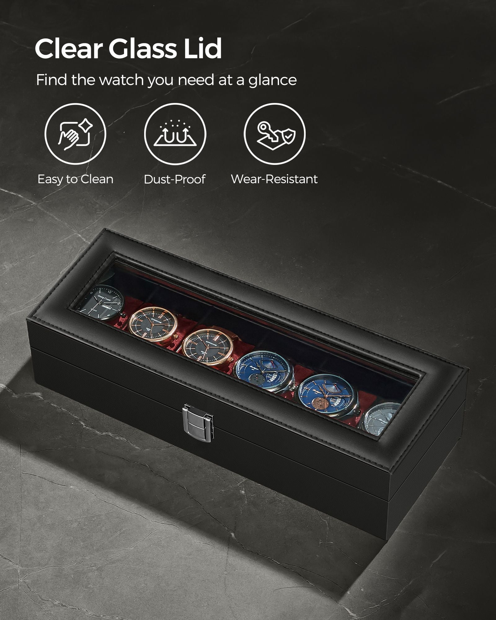 Watch Box – Glass and Velvet – Black – 6 Slots with Lock and Cushions
